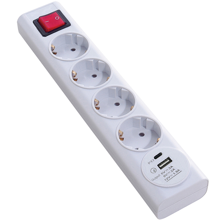 Europe Germany 4 AC Outlets and 1 USB-A and 1 Type-C Power Strip with Lighted Switch
