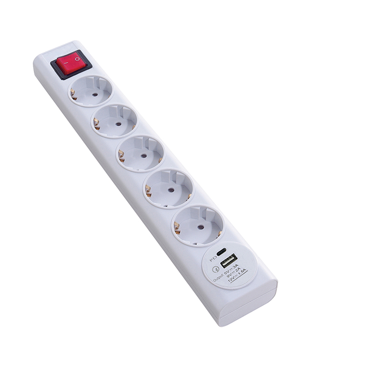 Europe Germany 5 AC Outlets and 1 USB-A and 1 Type-C Power Strip with Lighted Switch