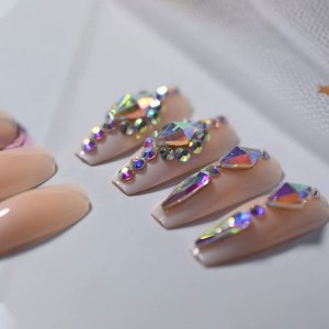 24pcs Crystal Luxury Fake Nails with AB color Rhinestones for Nail Decoration