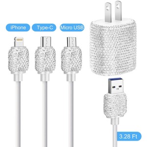 Fast charge 3.28 ft bling rhinestone 3 in 1 charging cable