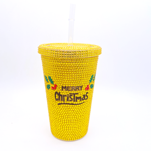 Luxury bling gold glitter tumbler double layer rhinestone plastic cup