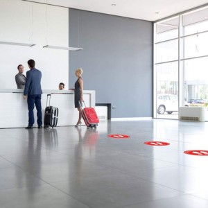 Social Distancing Floor Decal Stickers 8 inch Blue & Red Stand