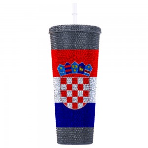 Customized Logo Double Wall World Cup Plastic Bling Rhinestone Tumbler With Straw