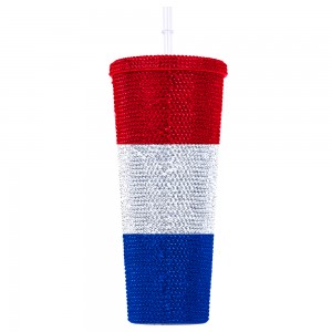 Diamond Cup Double Wall 24 Oz Reusable Plastic Rhinestone Tumbler with Country Flag