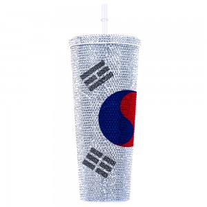 Customized Logo Double Wall World Cup Plastic Bling Rhinestone Tumbler With Straw