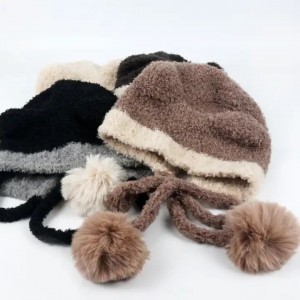 Bonnet tricoté jacquard en fourrure de lapin angora moelleux épais à double rabat
