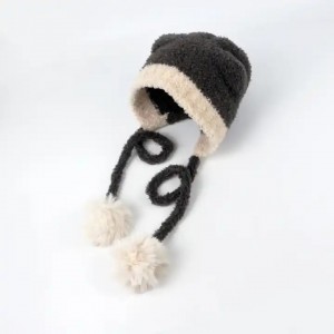 Double flap thick fluffy angora rabbit fur jacquard knitted beanie hat