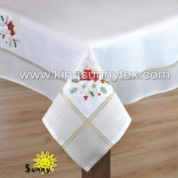 White Gold Thread Two Candle Embroidery Tablecloth For Christmas