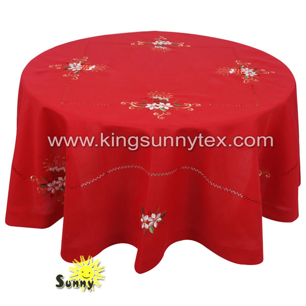 Round Polyester Embroidery Tablecloth In Red For Christmas