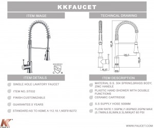 KKFAUCET Single Hole Pull-down Kitchen Faucet With Spring and Sprayer