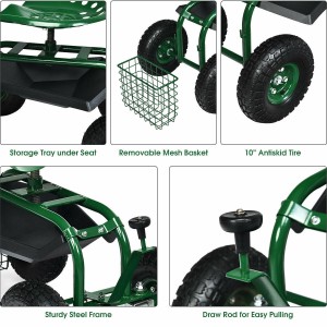 4-Wheel Steel Rolling Garden Cart Work Seat