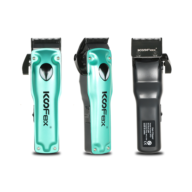 Koofex 2024 novo design motor sem escova máquina de cortar cabelo lâminas de grafite máquina de barbeiro com base de carregamento