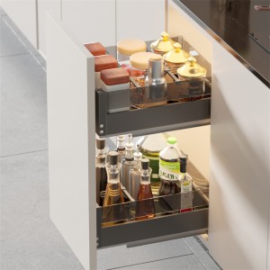 Mutfaklardaki üst düzey dolaplar için çekmece çekme sepetlerinde alüminyum baharat çekmecesi