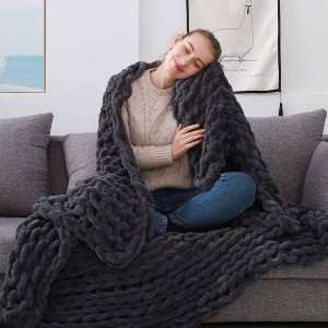 Chunky Knit Blanket Throw  100% Hand Knit with Chenille Yarn (50×60, Cream White)