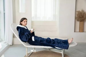 Dark Blue Long Soft Comfy Wearable Blanket with Sleeves and Pockets