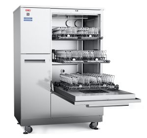 The 308L self-contained laboratory glassware washer comes standard with a basket identification system and a large see-through window