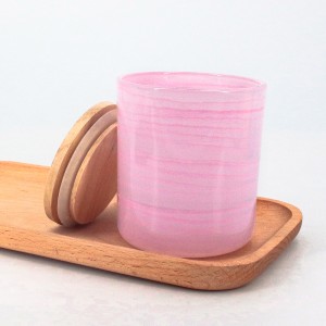 new design cylinder round bottom empty hand printed glass scent candle jar with wooden lid for home decorative FAJ8090