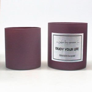 wholesale unique high quality frosted brown black white off-white purple colored hand made luxury thin wall empty cylinder scented candle jar with wooden lids for candle making FJTY-8085DG