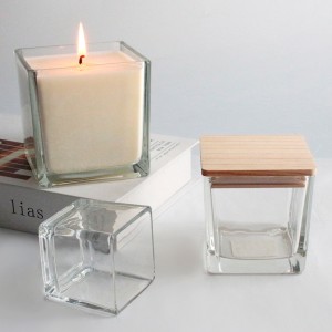 luxury custom factory transparent clear unique square glass candle container with wooden lids for candle making