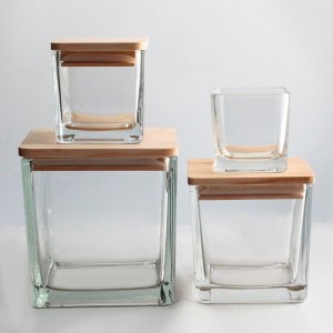 luxury custom factory transparent clear unique square glass candle container with wooden lids for candle making