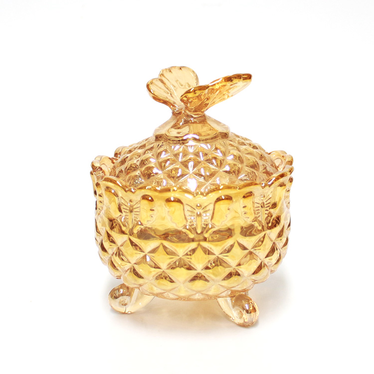 gold plated glass candy storage jars wholesale with butterfly shaped lid Featured Image