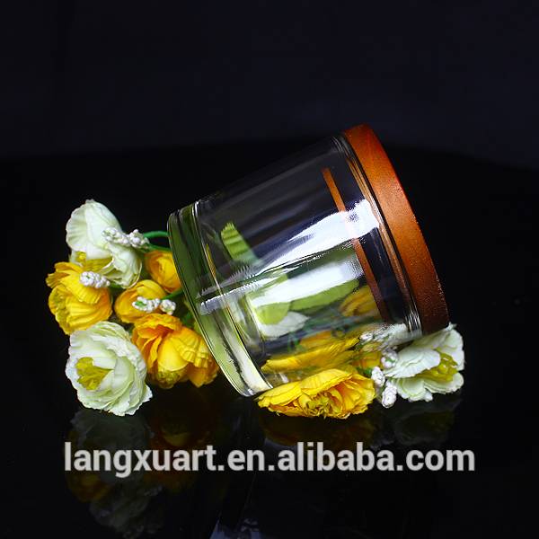wholesale thick wall thick bottom clear glass candle jars with wooden lids for candle making