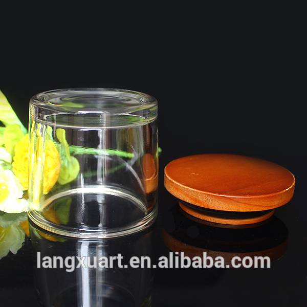 wholesale thick wall thick bottom clear glass candle jars with wooden lids for candle making