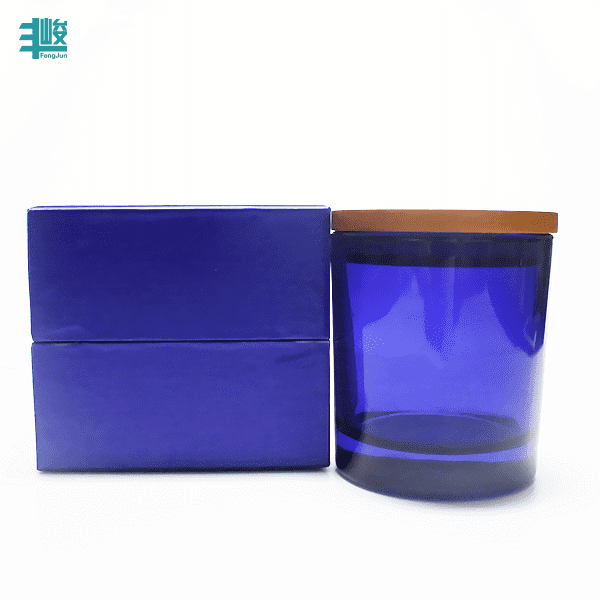 D8*H9cm blue colored glass candle jars transparent blue candle holders with wooden lid