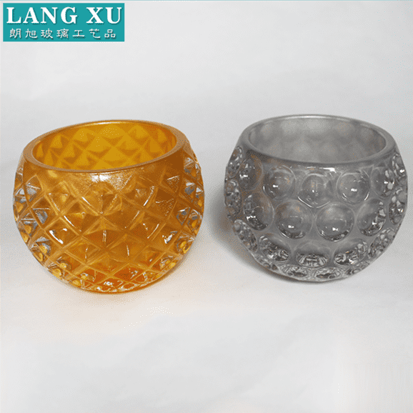 china wholesale Christmas Candle Holder Manufacturers - LX yellow/gray colored engraved thick wall ball shape round glass tealight candle holder – Langxu