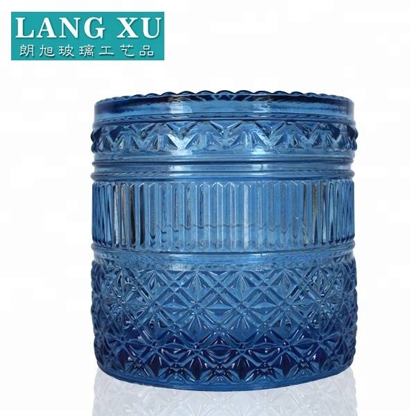 china wholesale Long Stem Candle Holder Factory - Home decor vintage embossed pattern glass candle jars with glass decorative lid – Langxu