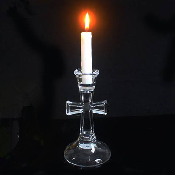 8.4*15.8cm*285g  crucifix shaped clear glass candlestick candle holder