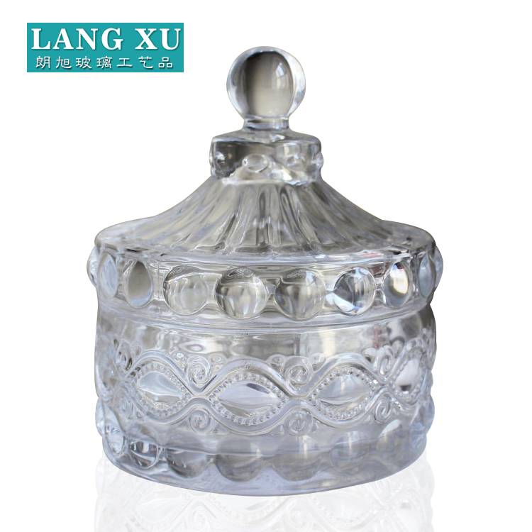 china wholesale Matte Candle Jar Factory - embossed pattern eyewinker vintage glass candle jar with glass lid – Langxu