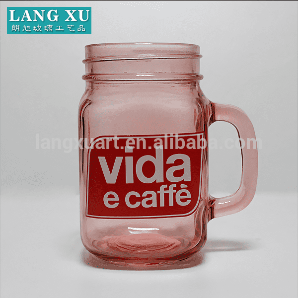 china wholesale Black Glass Candle Jars Factories - LXXZ-C004 custom logo printed 360ml beverage drinking colored glass mason jars with handle – Langxu