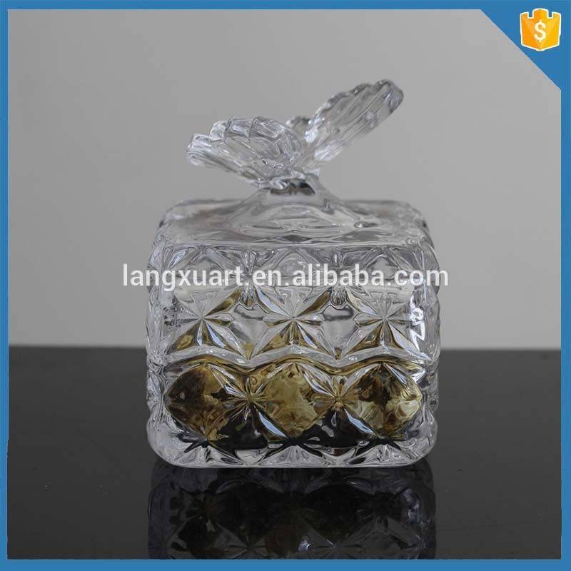 Popular Design Square crystal small glass containers for nuts with butterfly lid