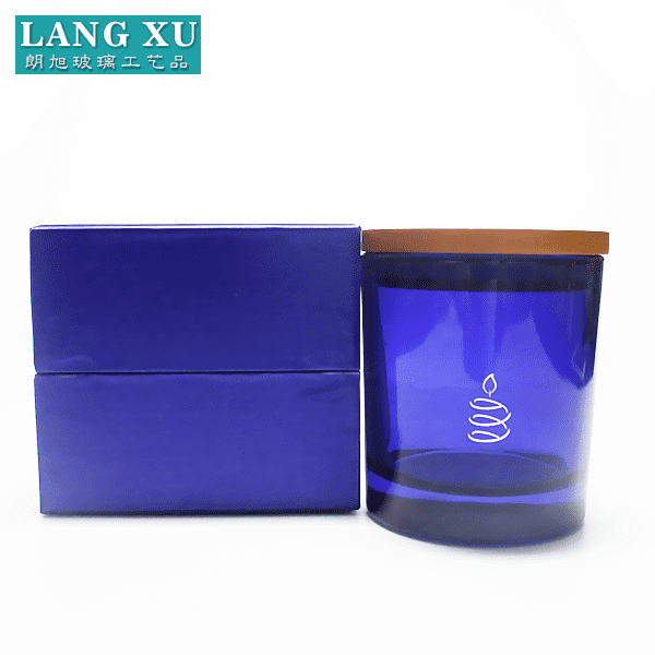 china wholesale Blue Candle Holders Suppliers - Decorative blue colored logo printing glass luxury candle jar with lid and color box – Langxu