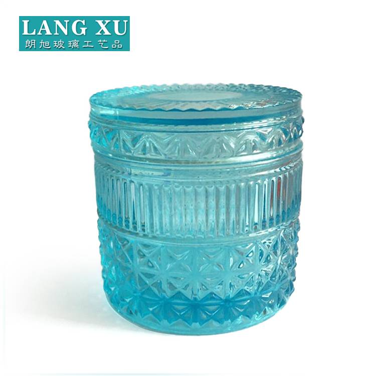 Matte Candle Jar pricelist - LX hot sell Christmas gift embossed vintage classic design blue green colored glass candle jar with glass lid – Langxu