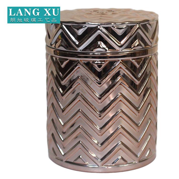 Glass Jars With Lids For Candles Factories - W 9.8cm*H 13cm*855g wave shaped embossment surface electropalting rose gold color effect glass candle jar – Langxu