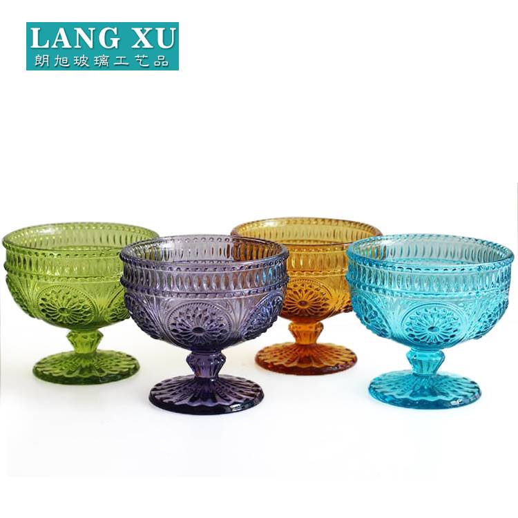 Factory making Reed Diffuser - LXG035-3 colorful antique embossed patterned bulk glass decorative ice cream cup price bowl price – Langxu