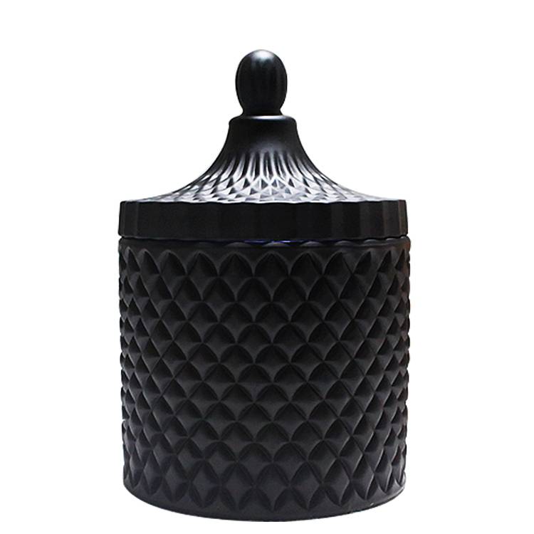 china wholesale Matte Black Candle Jar - LXHY-T040 antique fancy decorative  empty diamond embossed luxury matte black glass candle jar with lid – Langxu