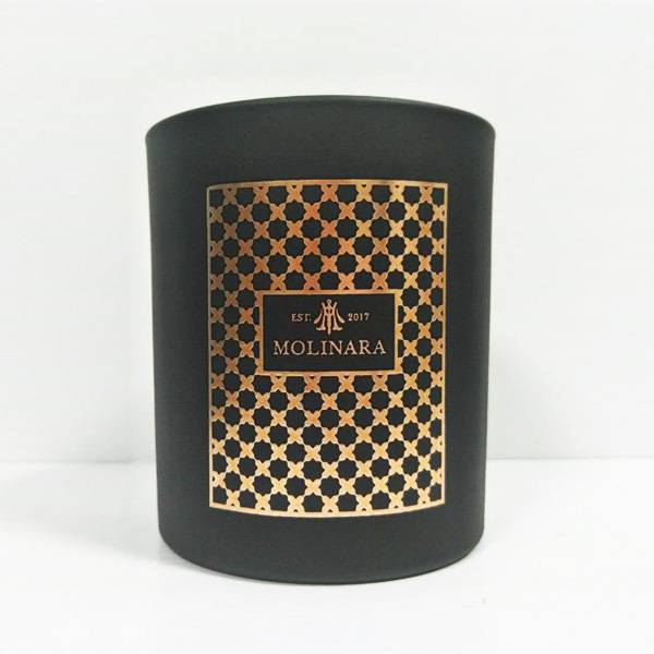 FSC90100 360ml luxury  elegant classical cylinder matte black glass candle jar holder with hot-stampling rose gold logo pattern FAJ8810