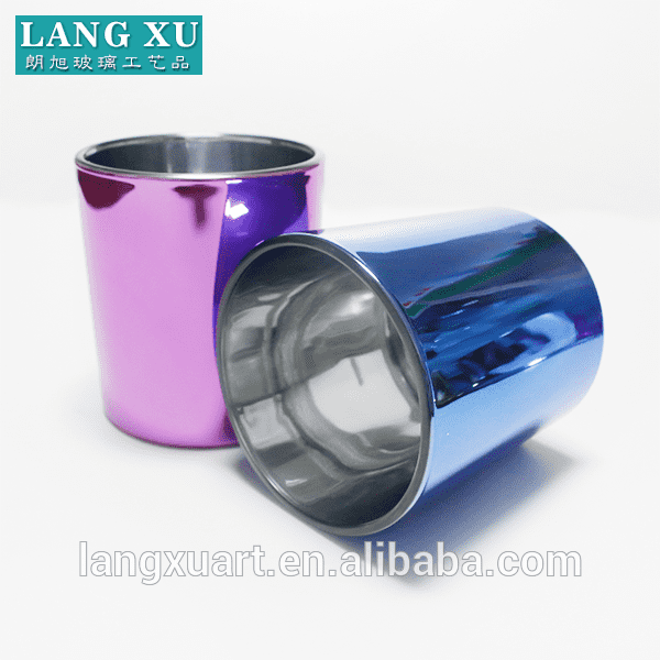 mirro effect electro plating blue purple color outside silver inside glass candle cup