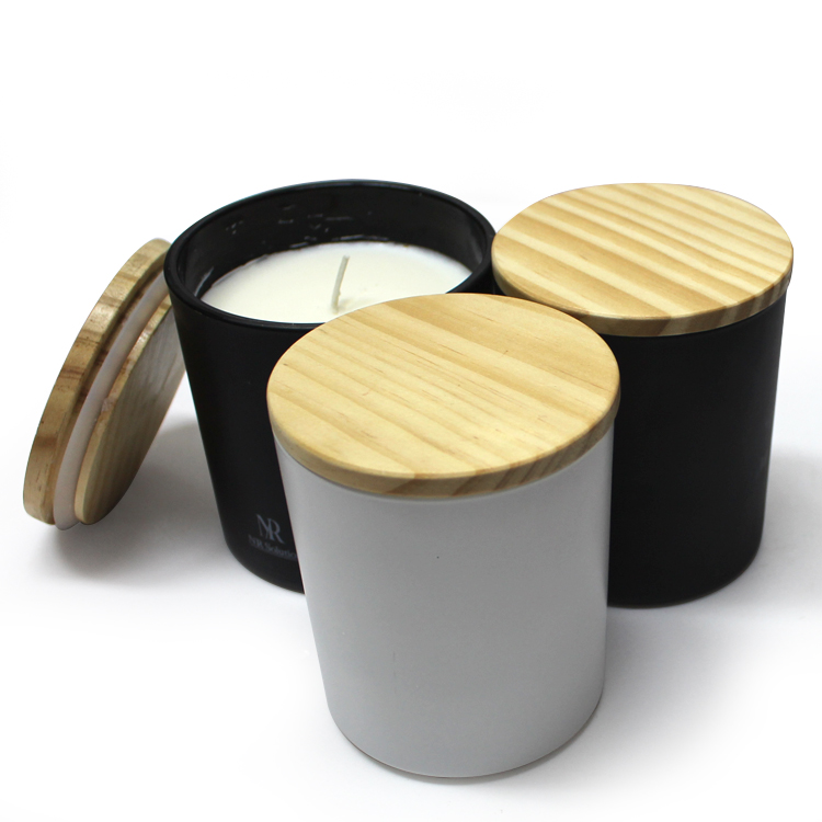 LXHY-0157 Eco-friendly fancy glass matte white or black luxury customized jars for candles with wood lid