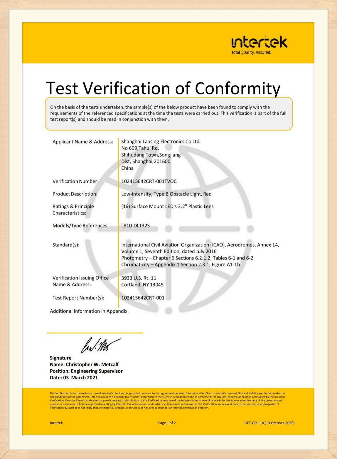 DLT32S ICAO Certificate
