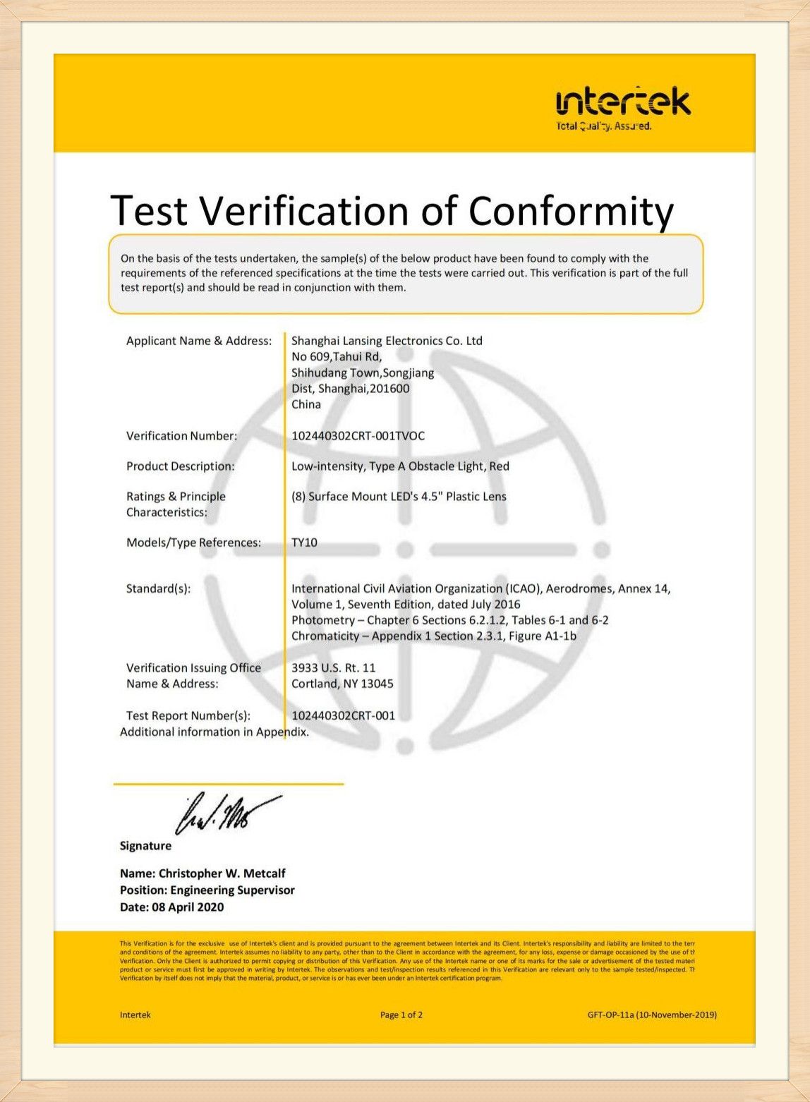 TY10 ICAO Certificate