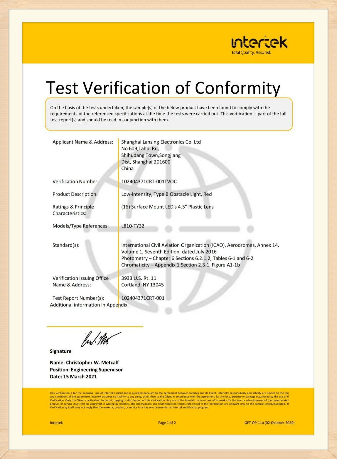 TY32 ICAO Certificate