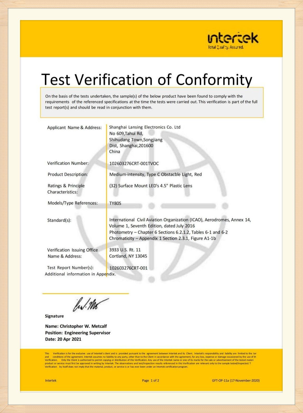 TY80S ICAO Certificate