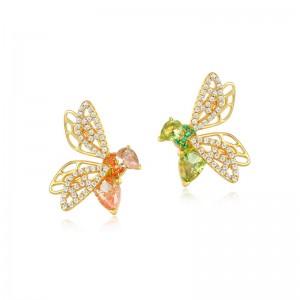 High Quality Real Gold Plated CZ Earrings Wholesale Women Hypoallergenic 925 Sterling Silver Bee Stud Earrings