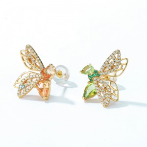 High Quality Real Gold Plated CZ Earrings Wholesale Women Hypoallergenic 925 Sterling Silver Bee Stud Earrings