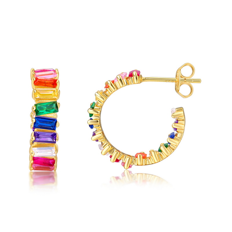 New Arrival Fashion Luxury 925 sterling silver Colorful CZ Hoop Earrings Rainbow Baguette CZ huggie earrings For Women Featured Image