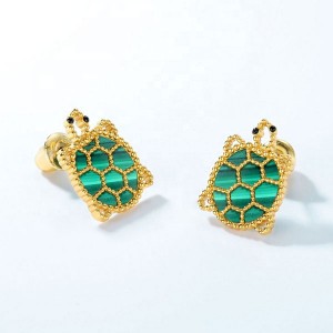 Silver Jewelry Women Earrings Oval Green Malachite Stud Earrings Classic Turtle Animal Earrings